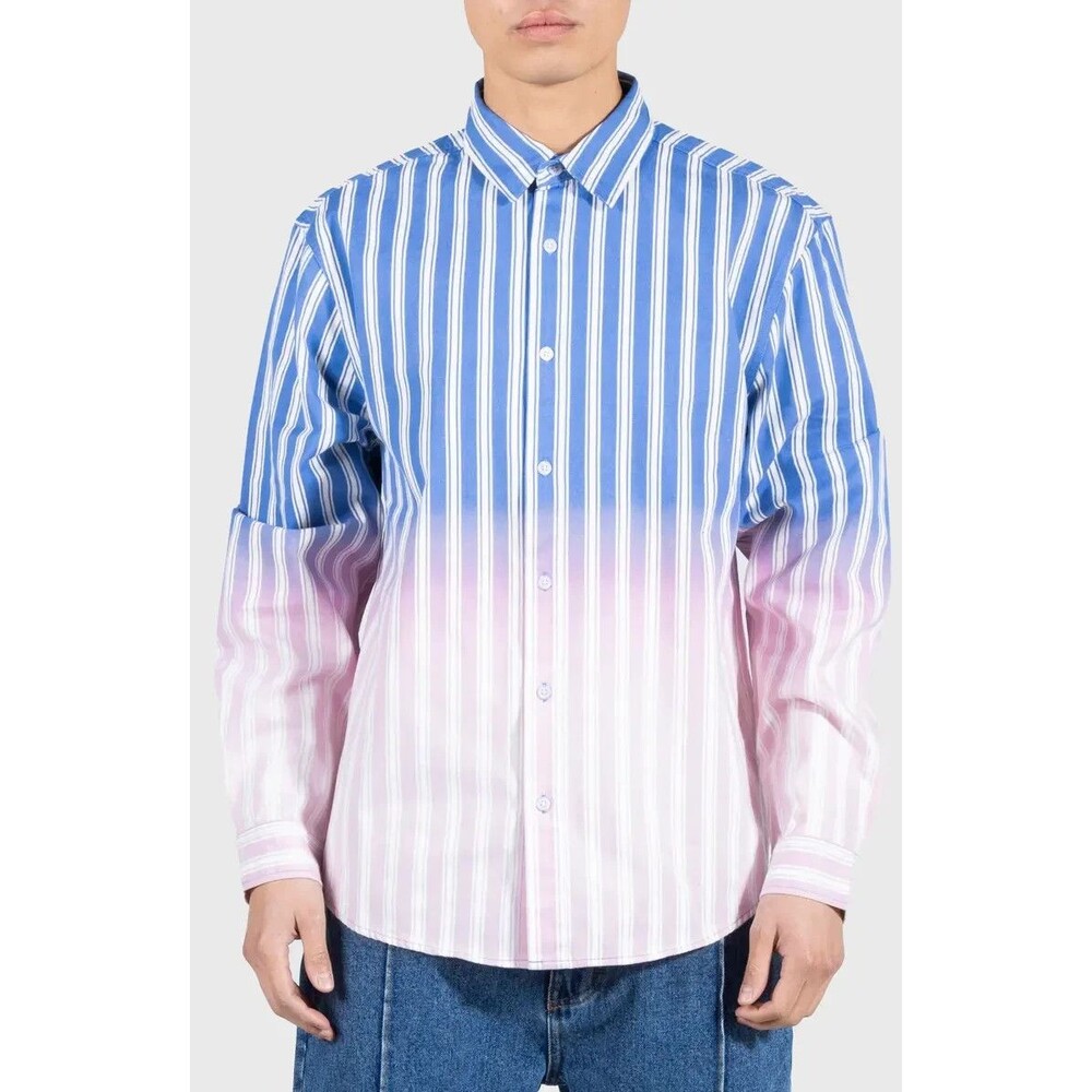 PLEASURES Button Shirt Mens XXL Blue Pink Stripe Fade Ombre Cotton Blend